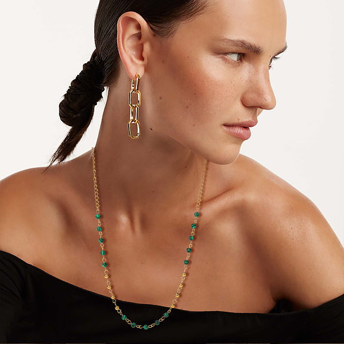 Collier de perles en pierre de paon vert en acier inoxydable pour femmes, or 18 carats, à la mode
