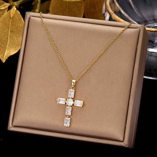 Retro Simple Style Cross Stainless Steel  Plating Inlay Zircon Pendant Necklace