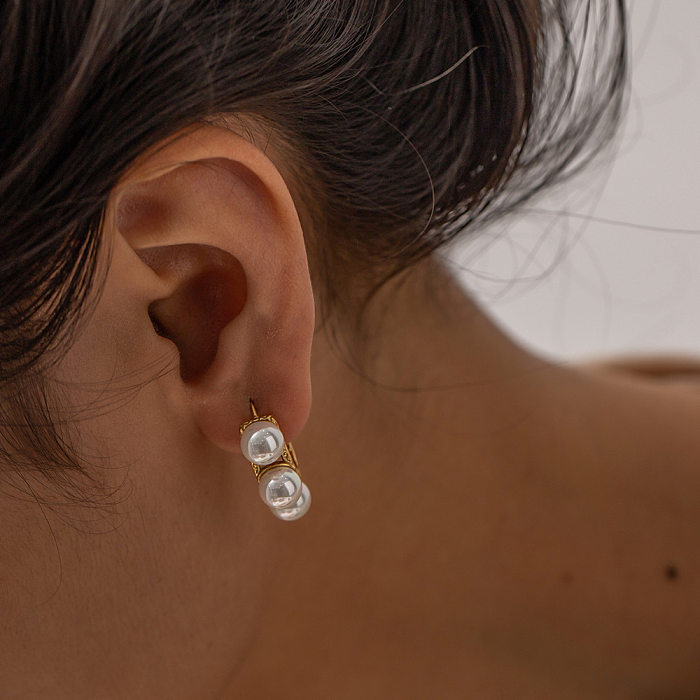 1 paire de clous d'oreilles rétro en forme de C, placage en acier inoxydable, incrustation creuse, pierres précieuses artificielles, perles