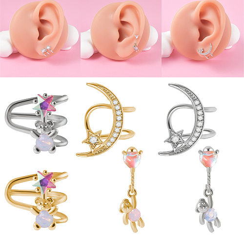 Clips d'oreille plaqués en acier inoxydable, 1 pièce, mignon, étoile, lune, ours