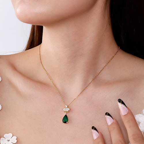 Basic Water Droplets Crown Stainless Steel  Plating Inlay Zircon 18K Gold Plated Necklace
