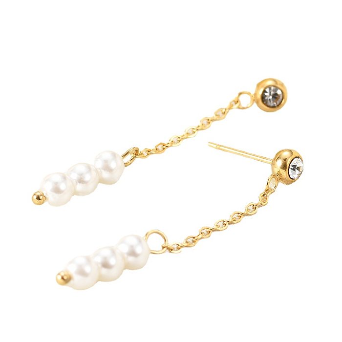 New Style Stainless Steel  18K Gold Plated Inlaid Zircon Pearl Chain Pendant Earrings