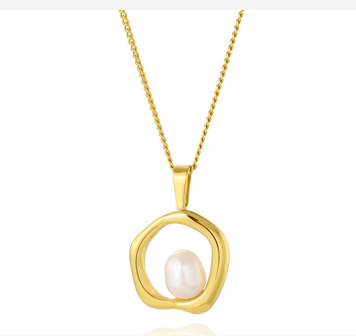 Fashion Geometric Stainless Steel Gold Plated Artificial Pearls Pendant Necklace