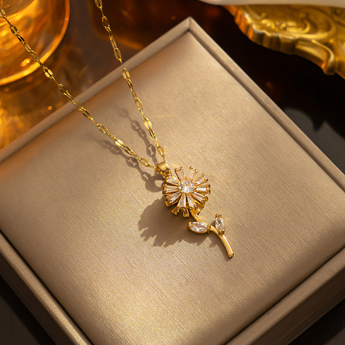 Girassol bonito chapeamento de aço inoxidável incrustação de pedras preciosas artificiais colar com pingente banhado a ouro 18K