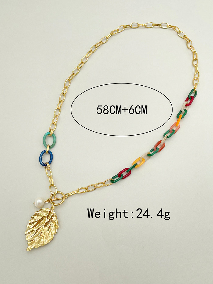 Casual Vacation Leaf Stainless Steel  Arylic Pearl Plating Gold Plated Pendant Necklace