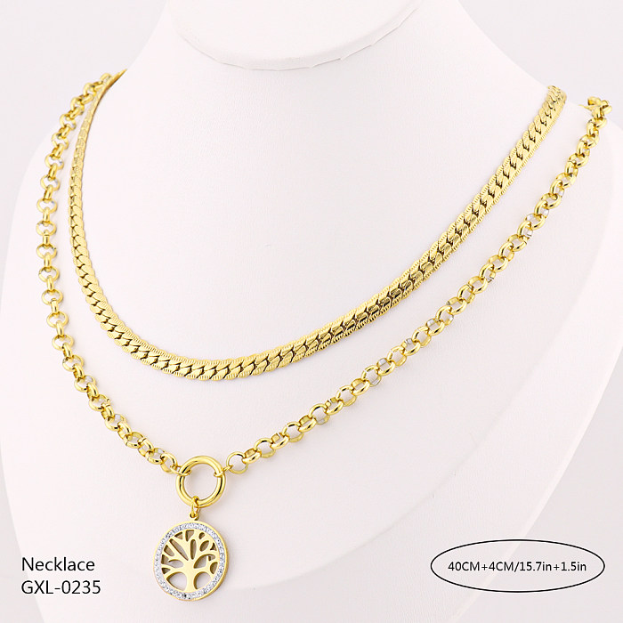 Retro Classic Style Geometric Tree Stainless Steel  Layered Inlay Rhinestones Gold Plated Silver Plated Pendant Necklace