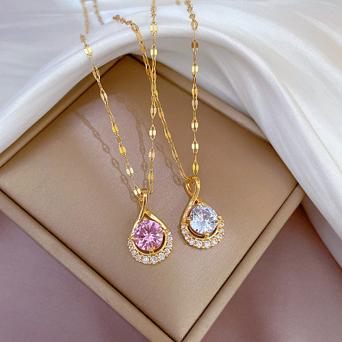 Fashion Water Droplets Stainless Steel Copper Plating Inlay Zircon Pendant Necklace