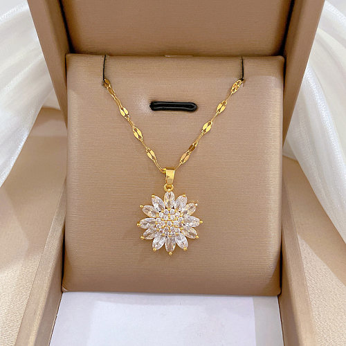 Classic Style Flower Stainless Steel  Copper Plating Inlay Artificial Gemstones Pendant Necklace