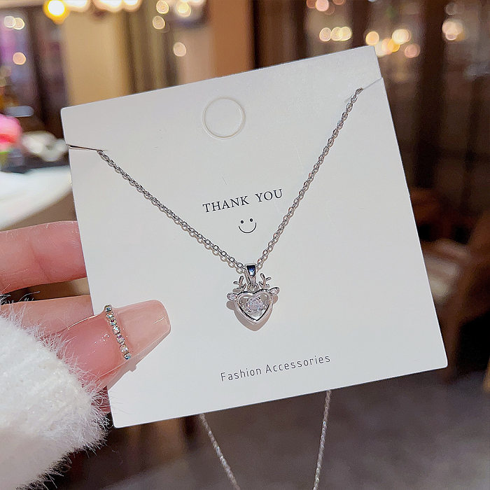 Fashion Heart Shape Antlers Stainless Steel Plating Inlay Zircon Pendant Necklace 1 Piece