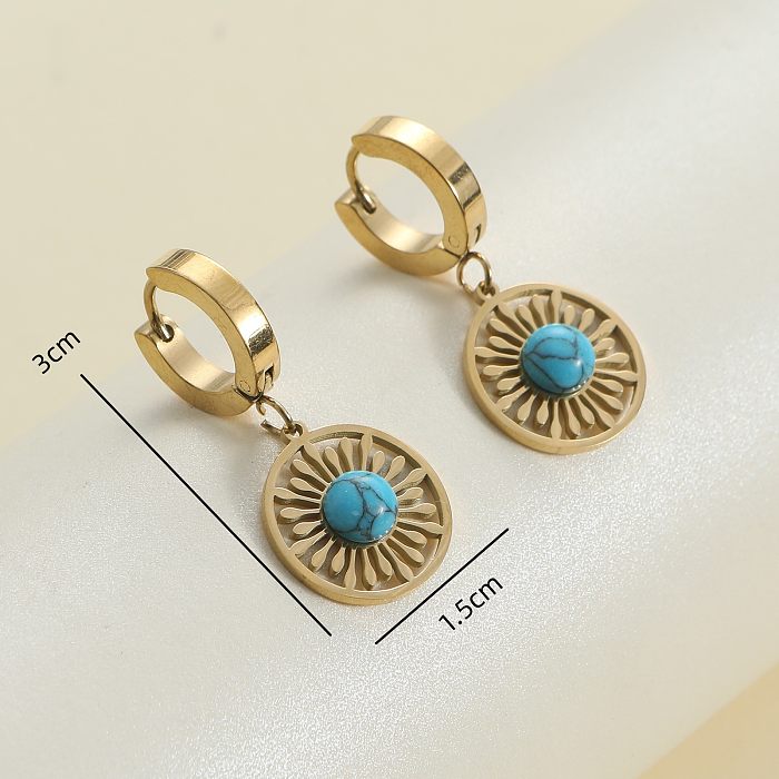 1 Pair Vintage Style Circle Color Block Inlay Stainless Steel  Turquoise Drop Earrings