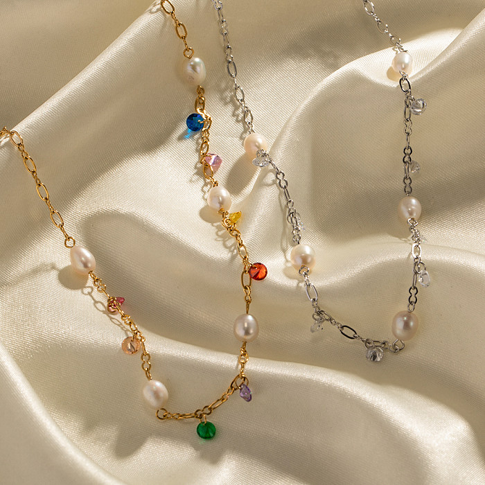 Geometrische Edelstahl-Inlay-Halskette im INS-Stil mit Süßwasserperle und Zirkon vergoldet
