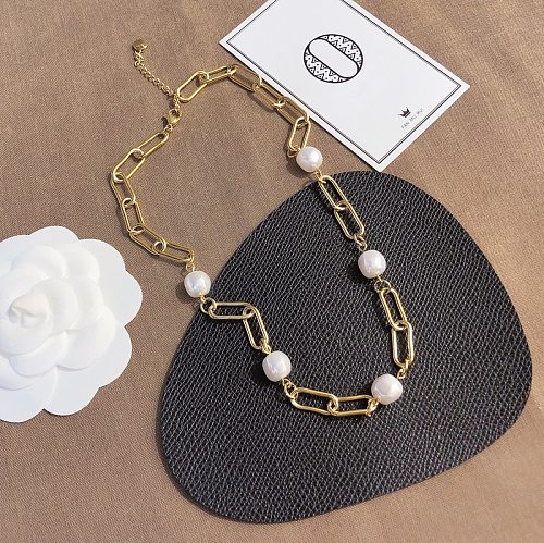 Modern Style Geometric Stainless Steel Pearl Necklace