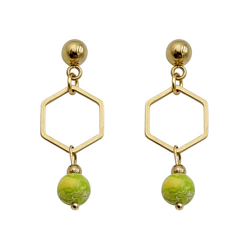 1 Pair Chinoiserie Classical Cute Hexagon Stainless Steel  Natural Stone Plating Hollow Out Gold Plated Drop Earrings