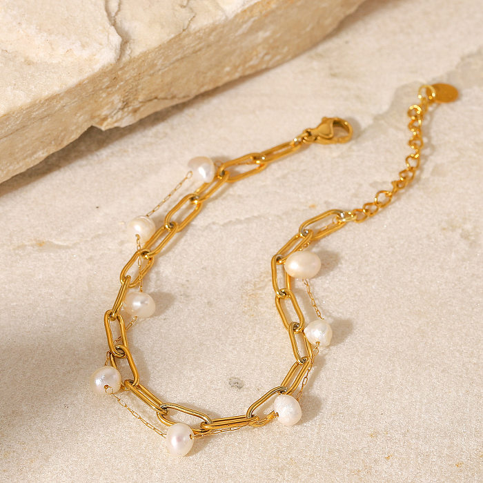 Modisches einfaches Perlen-Kreuzketten-Doppelschicht-geometrisches Edelstahlarmband
