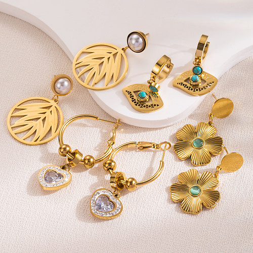 1 Paar elegante runde herzförmige Blumen-Inlay-Ohrringe aus Edelstahl mit Strasssteinen, Perlen und Zirkon vergoldet