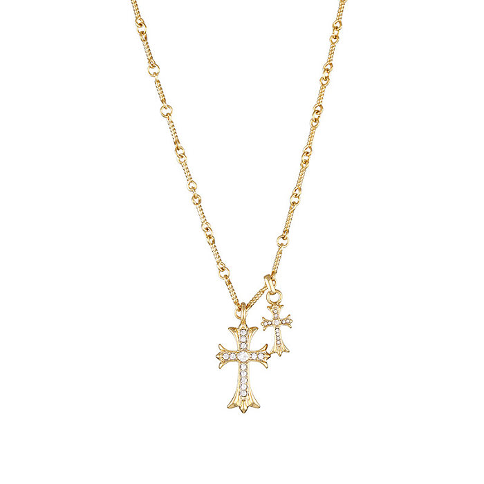 Modische Halskette mit Kreuz-Anhänger aus Edelstahl mit Intarsien und Strasssteinen
