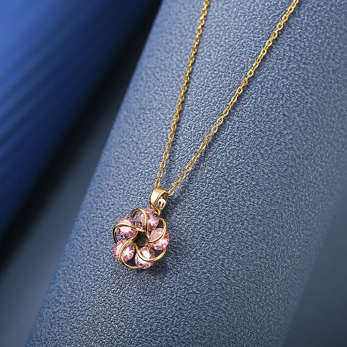 Casual Sweet Flower Stainless Steel Copper Plating Inlay Zircon Pendant Necklace