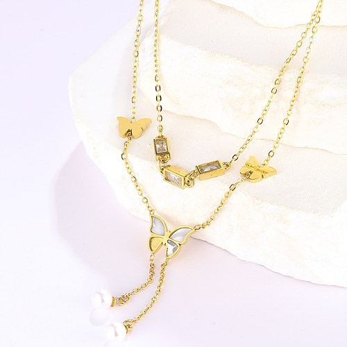 Retro Commute Butterfly Stainless Steel  Plating Inlay Artificial Crystal 18K Gold Plated Double Layer Necklaces