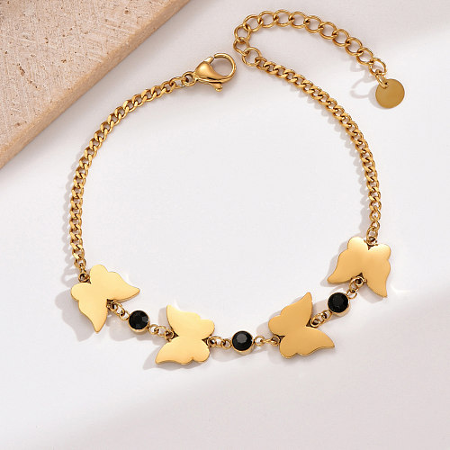 Elegant Korean Style Butterfly Stainless Steel Plating Inlay Rhinestones 14K Gold Plated Bracelets