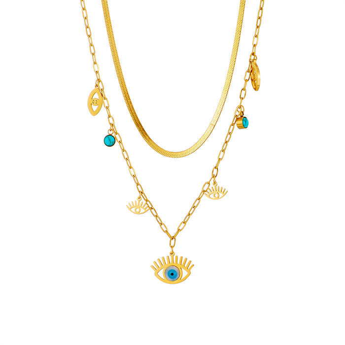 Vintage Style Eye Stainless Steel  Layered Necklaces Gold Plated Turquoise Stainless Steel  Necklaces