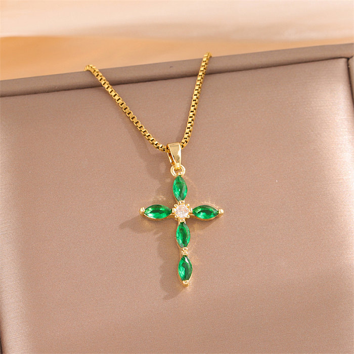Basic Simple Style Classic Style Cross Stainless Steel  Stainless Steel Plating Inlay Zircon 18K Gold Plated Pendant Necklace