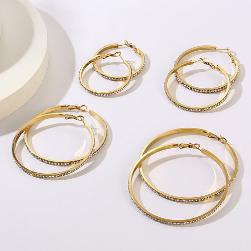 1 Pair Bridal Shiny Solid Color Plating Inlay Stainless Steel  Artificial Diamond 18K Gold Plated Hoop Earrings