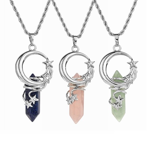 Halskette mit Stern- und Mond-Anhänger im ethnischen Stil, Edelstahl, Naturstein, Kupferbeschichtung