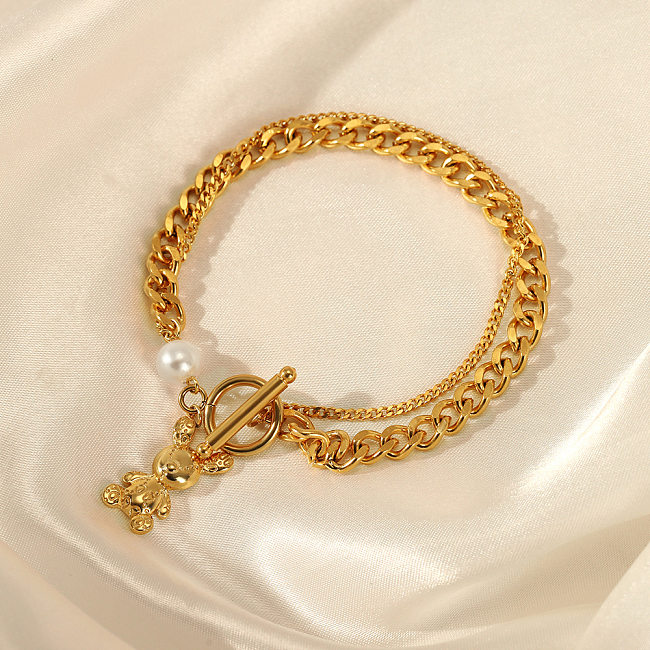 Niedliche Bären-Armbänder aus vergoldetem Edelstahl mit künstlichen Perlen