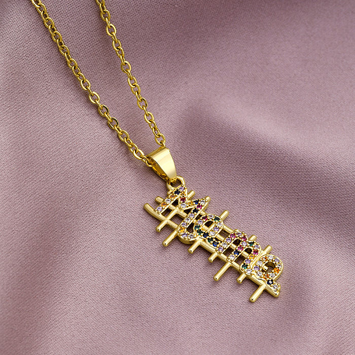Collier pendentif en Zircon avec incrustation de placage en acier inoxydable, lettre de Style Simple MAMA, 1 pièce