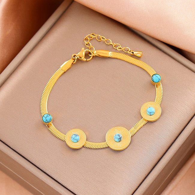 Vacation Roman Style Round Titanium Steel Plating Inlay Turquoise 18K Gold Plated Bracelets