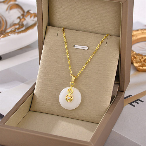 Fashion Round Stainless Steel Inlay Hetian Jade Necklace 1 Piece