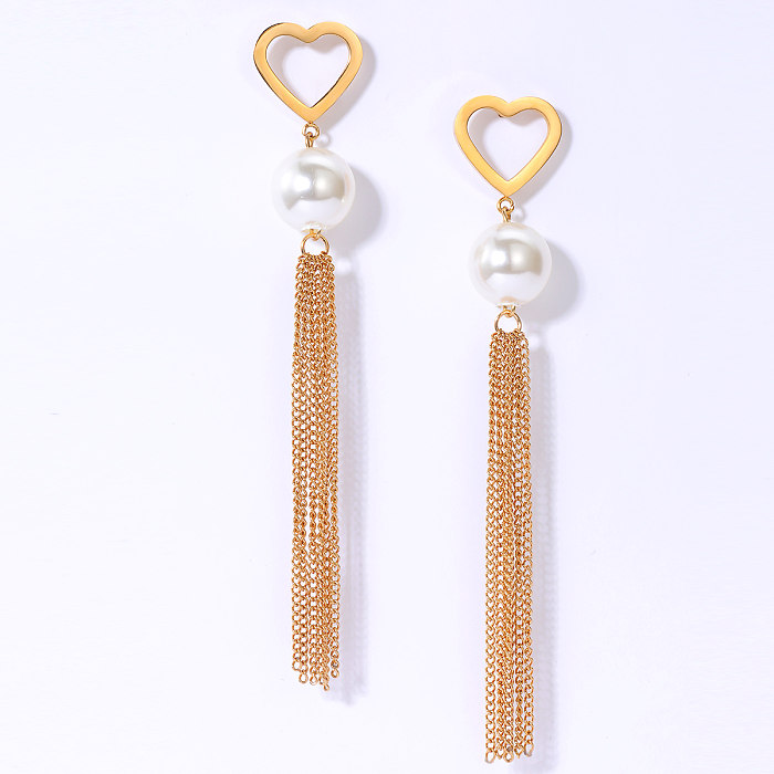 Pendientes largos con borla de perlas y corazón de oro de 18 quilates con galvanoplastia de acero inoxidable a la moda