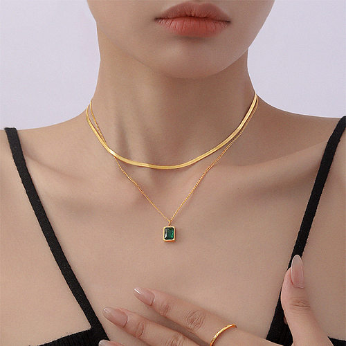 Sweet Square Stainless Steel Plating Inlay Artificial Gemstones 18K Gold Plated Layered Necklaces