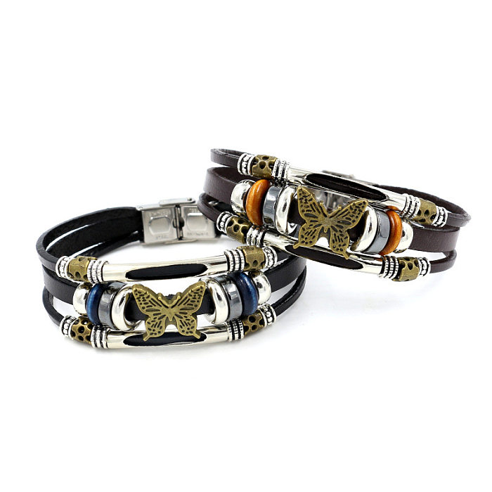 Retro Ethnic Style Butterfly Stainless Steel Alloy Leather Handmade Bracelets
