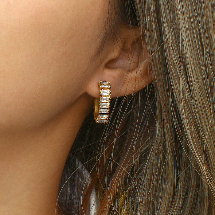 Boucles d'oreilles géométriques en acier inoxydable, placage incrusté de Zircon, boucles d'oreilles en acier inoxydable