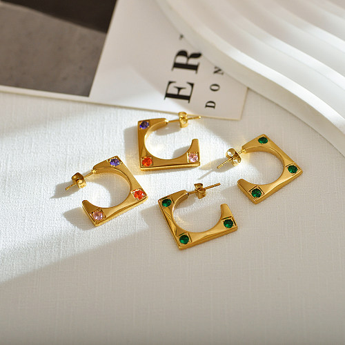 1 par de brincos de orelha banhados a ouro 18K estilo simples streetwear quadrado chapeamento incrustado de zircão de aço inoxidável