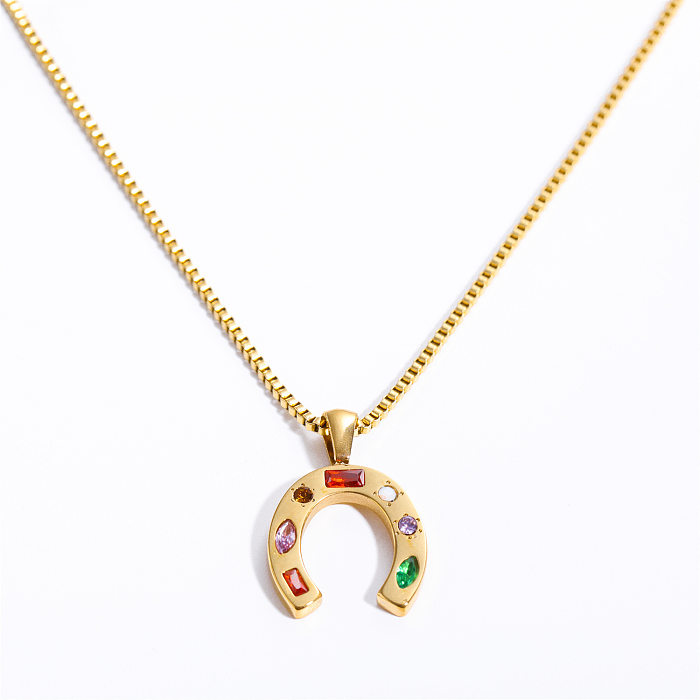 Artistic U Shape Heart Shape Flower Stainless Steel  Plating Inlay Zircon 18K Gold Plated Pendant Necklace