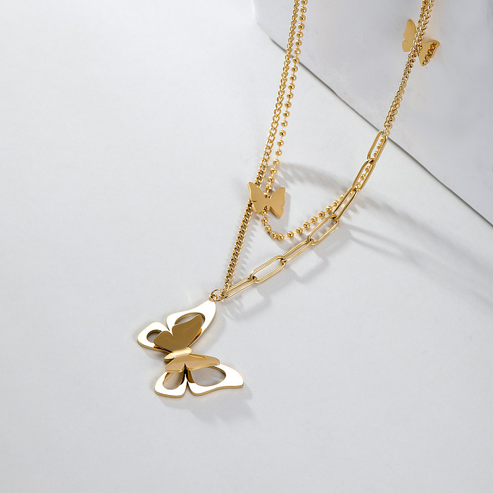 Simple Style Shiny Butterfly Stainless Steel  Layered Necklaces