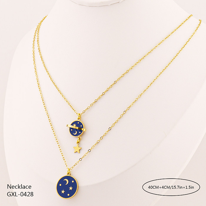 Casual Classic Style Sun Star Moon Stainless Steel  Plating Inlay Turquoise Rhinestones Gold Plated Double Layer Necklaces