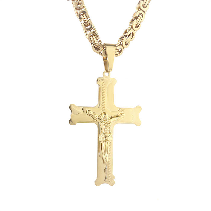 Halskette mit Kreuz-Anhänger im Ethno-Stil, Edelstahl-Beschichtung, vergoldet