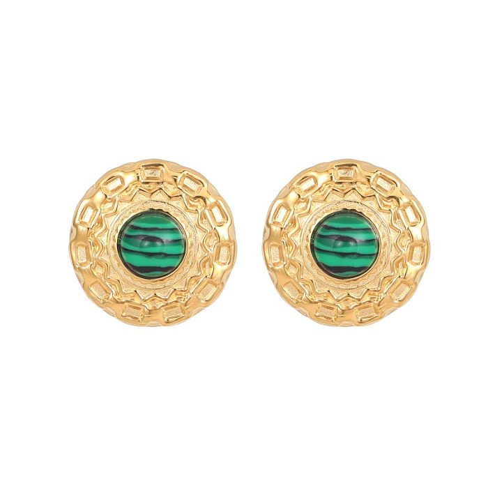 1 Pair Vintage Style Round Polishing Plating Inlay Stainless Steel  Malachite Opal Lapis Lazuli Gold Plated Ear Studs