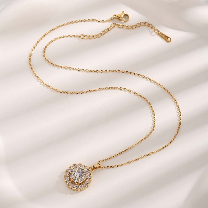 Glam Luxurious Simple Style Flower Stainless Steel Plating Inlay Zircon Gold Plated Pendant Necklace