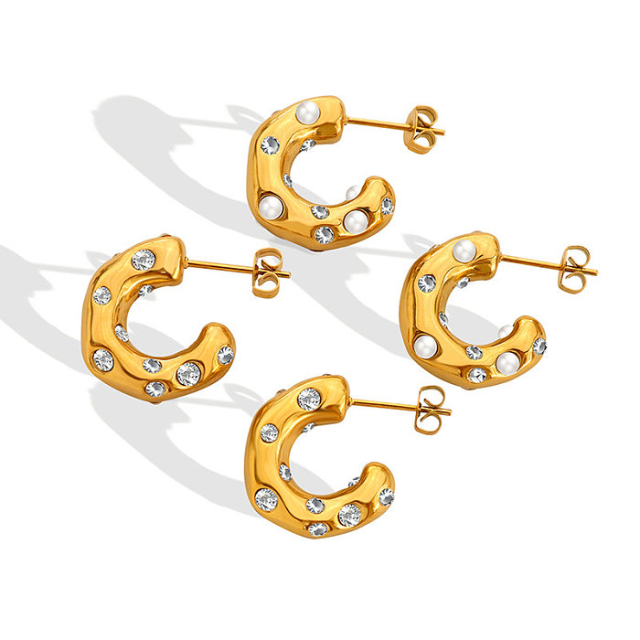 Brincos de imitação de pérola de zircão em aço inoxidável em forma de C banhado a ouro
