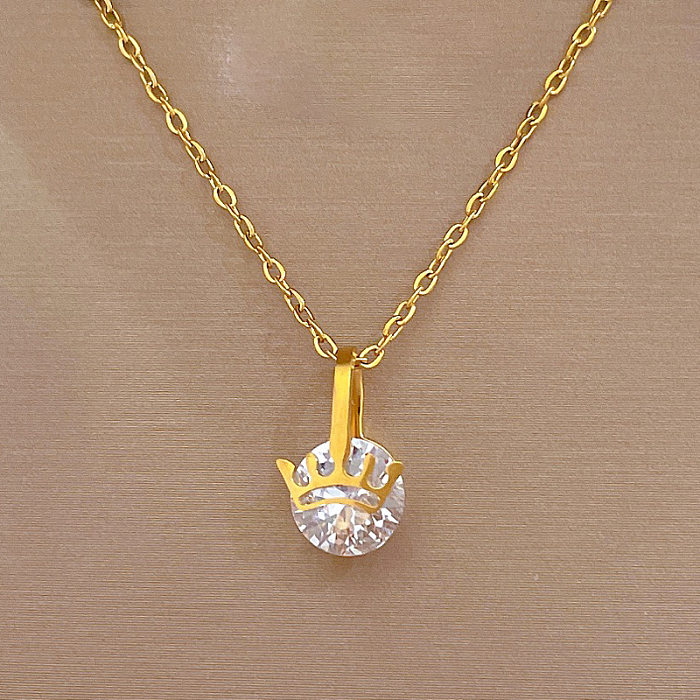 Lady Crown Stainless Steel Plating Inlay Zircon Pendant Necklace