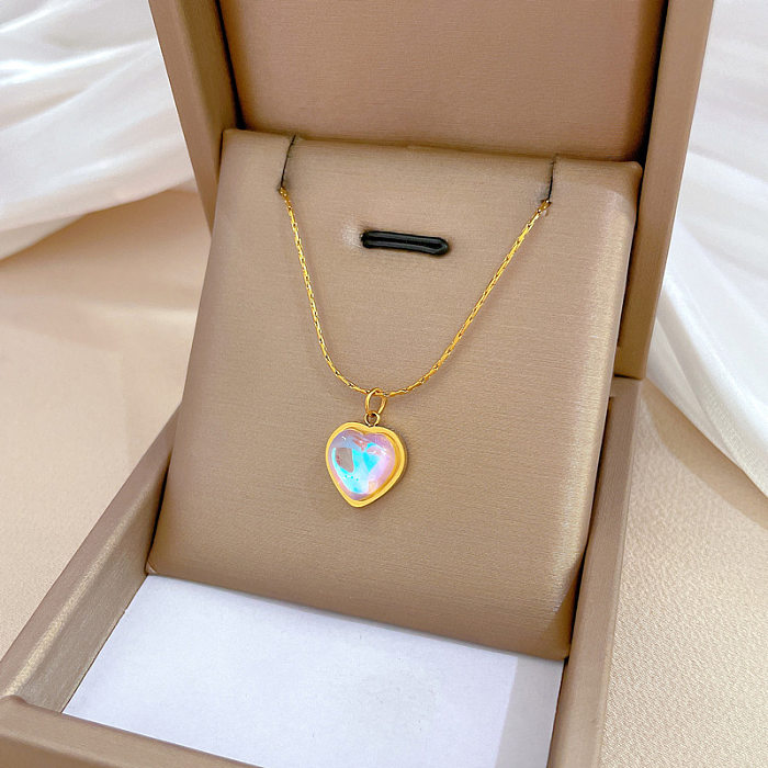 Sweet Heart Shape Stainless Steel Plating Inlay Artificial Gemstones Pendant Necklace