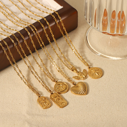 Halskette mit Anhänger im Vintage-Stil, rund, quadratisch, Herzform, Edelstahl, Polierbeschichtung, 18 Karat vergoldet