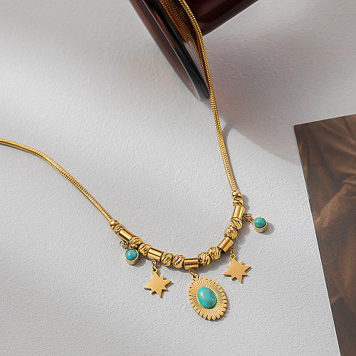 Retro Round Stainless Steel Inlay Turquoise Pendant Necklace