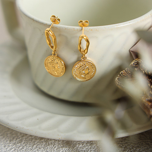 1 Pair Vintage Style Round Plating Stainless Steel 18K Gold Plated Drop Earrings