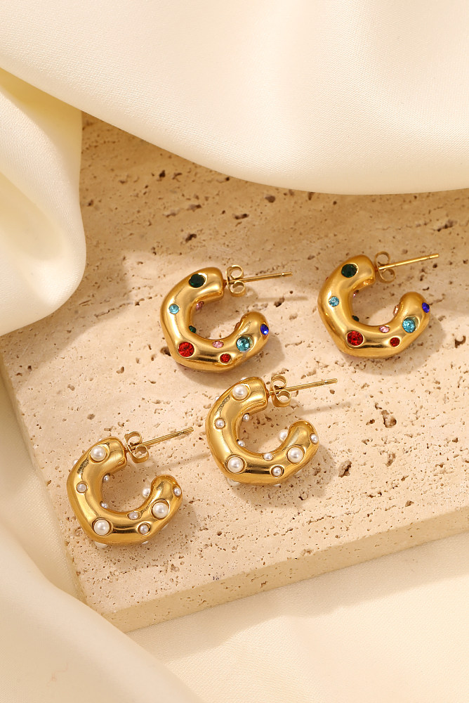 1 Piece Simple Style Classic Style C Shape Plating Inlay Stainless Steel  Pearl Zircon Gold Plated Earrings