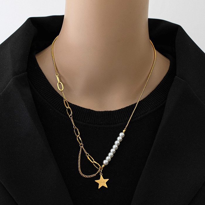 Collar con colgante chapado en oro de 18 quilates, lujoso, con letras de pentagrama y perlas de imitación de estilo vintage